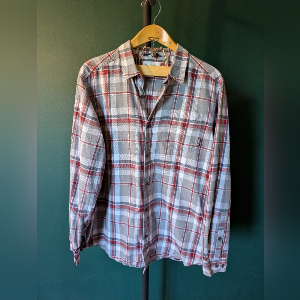Columbia Sportswear Men's Button Down Long Sleeve Shirt Size L, Gray/Red/White